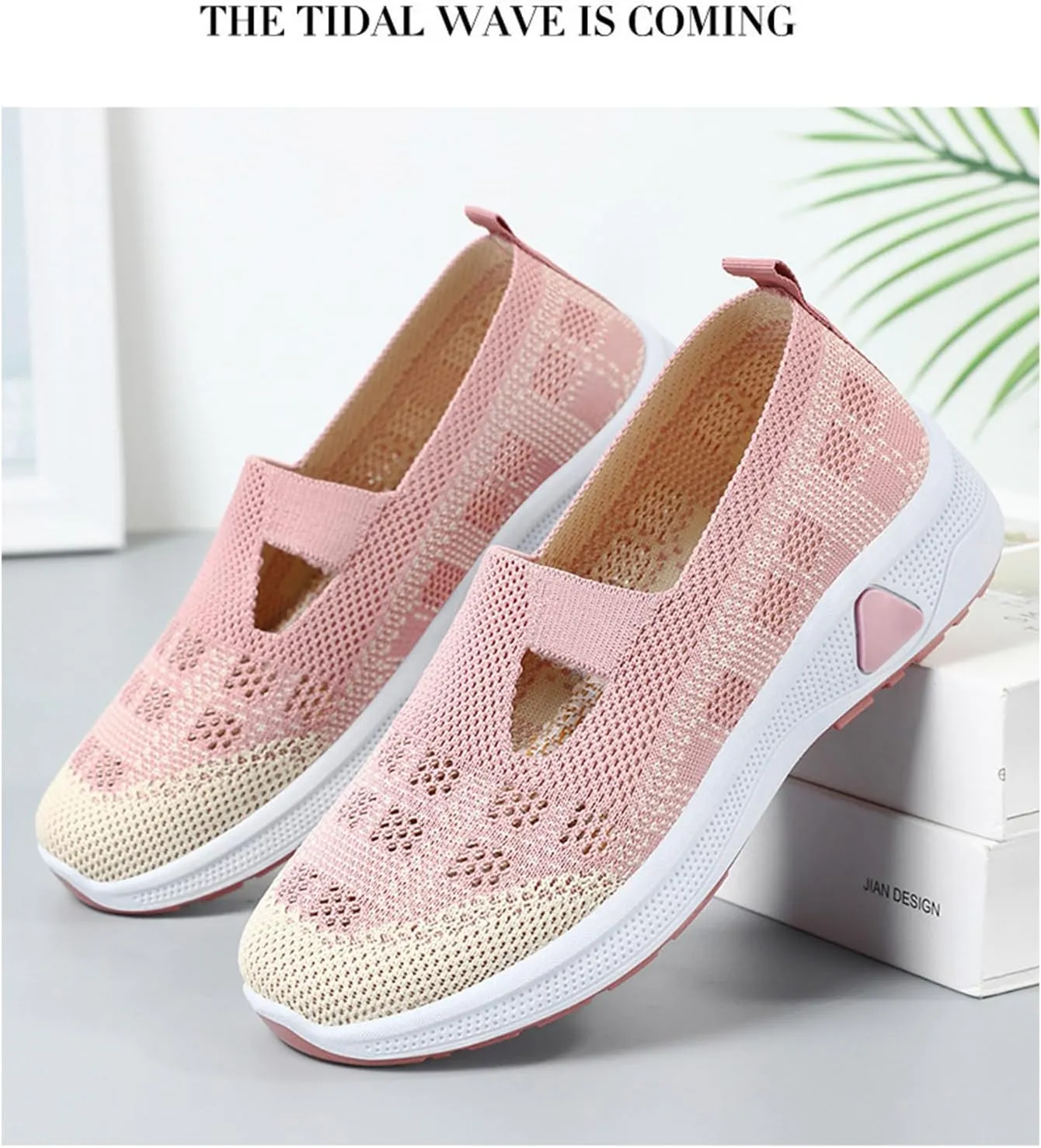 Women's Orthopedic Walking Shoes Lightweight Breathable Knitted Hollow Out Soft Sole Sneakers Summer Comfortable Slip On Round Toe Ballet Flats with Arch Support