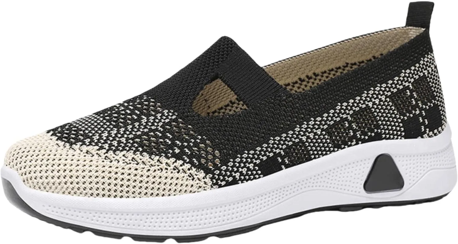 Women's Orthopedic Walking Shoes Lightweight Breathable Knitted Hollow Out Soft Sole Sneakers Summer Comfortable Slip On Round Toe Ballet Flats with Arch Support