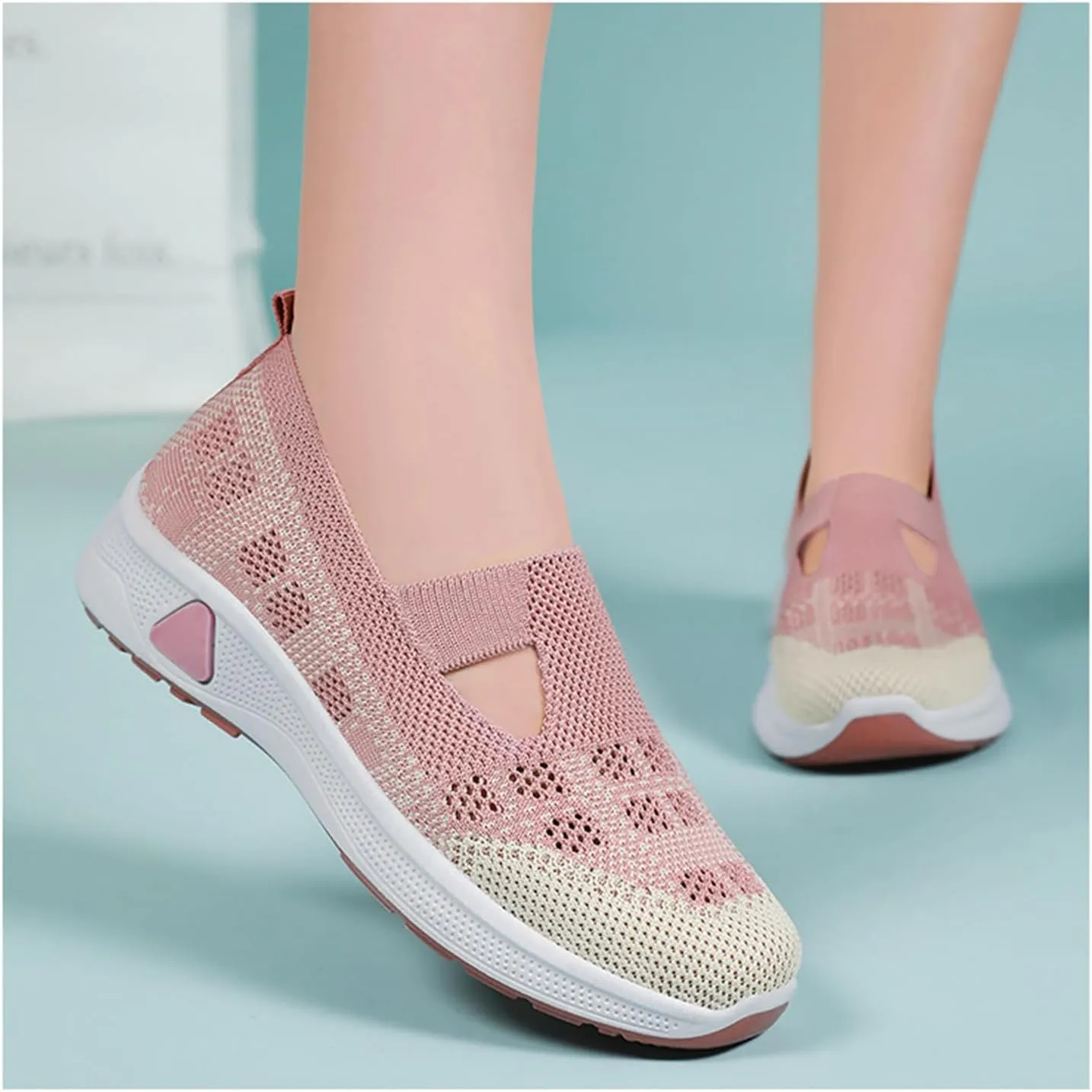Women's Orthopedic Walking Shoes Lightweight Breathable Knitted Hollow Out Soft Sole Sneakers Summer Comfortable Slip On Round Toe Ballet Flats with Arch Support