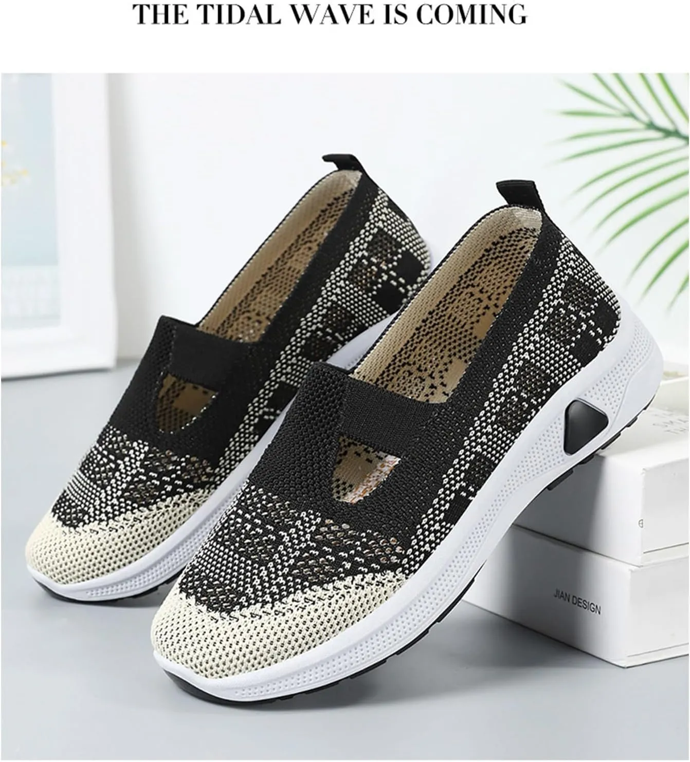Women's Orthopedic Walking Shoes Lightweight Breathable Knitted Hollow Out Soft Sole Sneakers Summer Comfortable Slip On Round Toe Ballet Flats with Arch Support