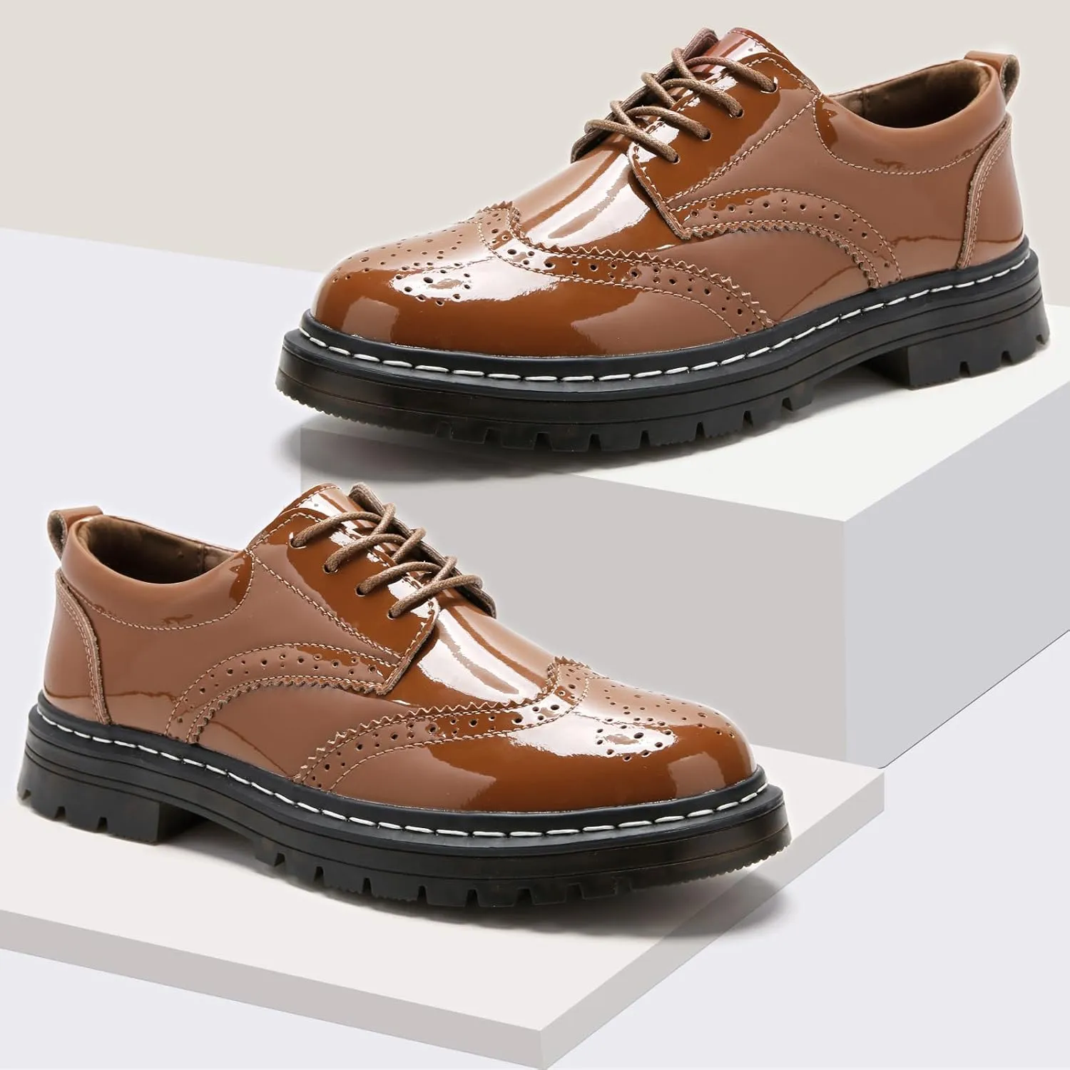 Womens Oxford Shoes Comfort Lace Up Slip Resistant Patent Leather Dress Shoes