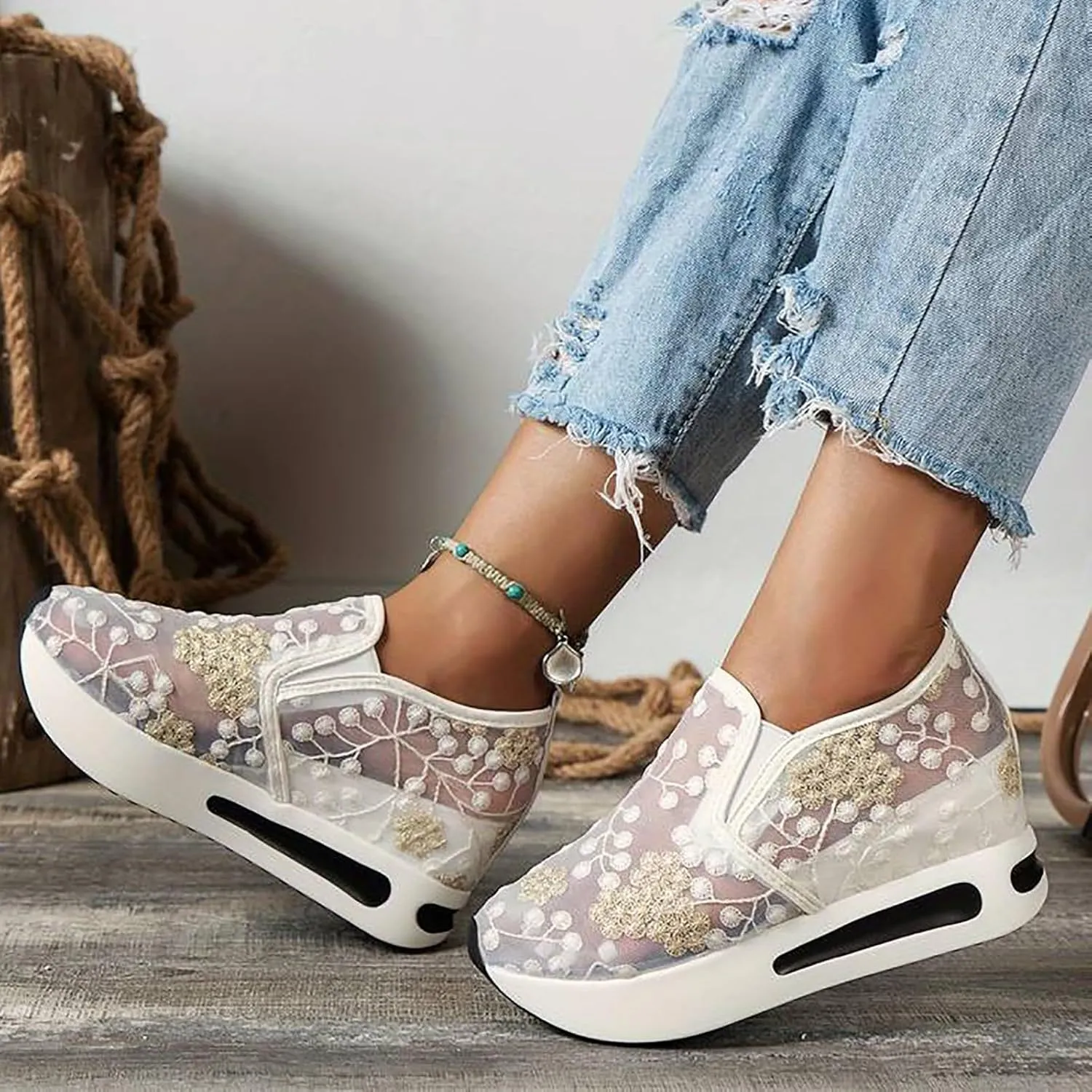 Women's Platform Wedge Sneakers Lightweight Breathable Mesh Floral Hollow Out Walking Shoes Summer Casual Slip on Fashion Sneakers Comfortable Inner Heightening Shoe