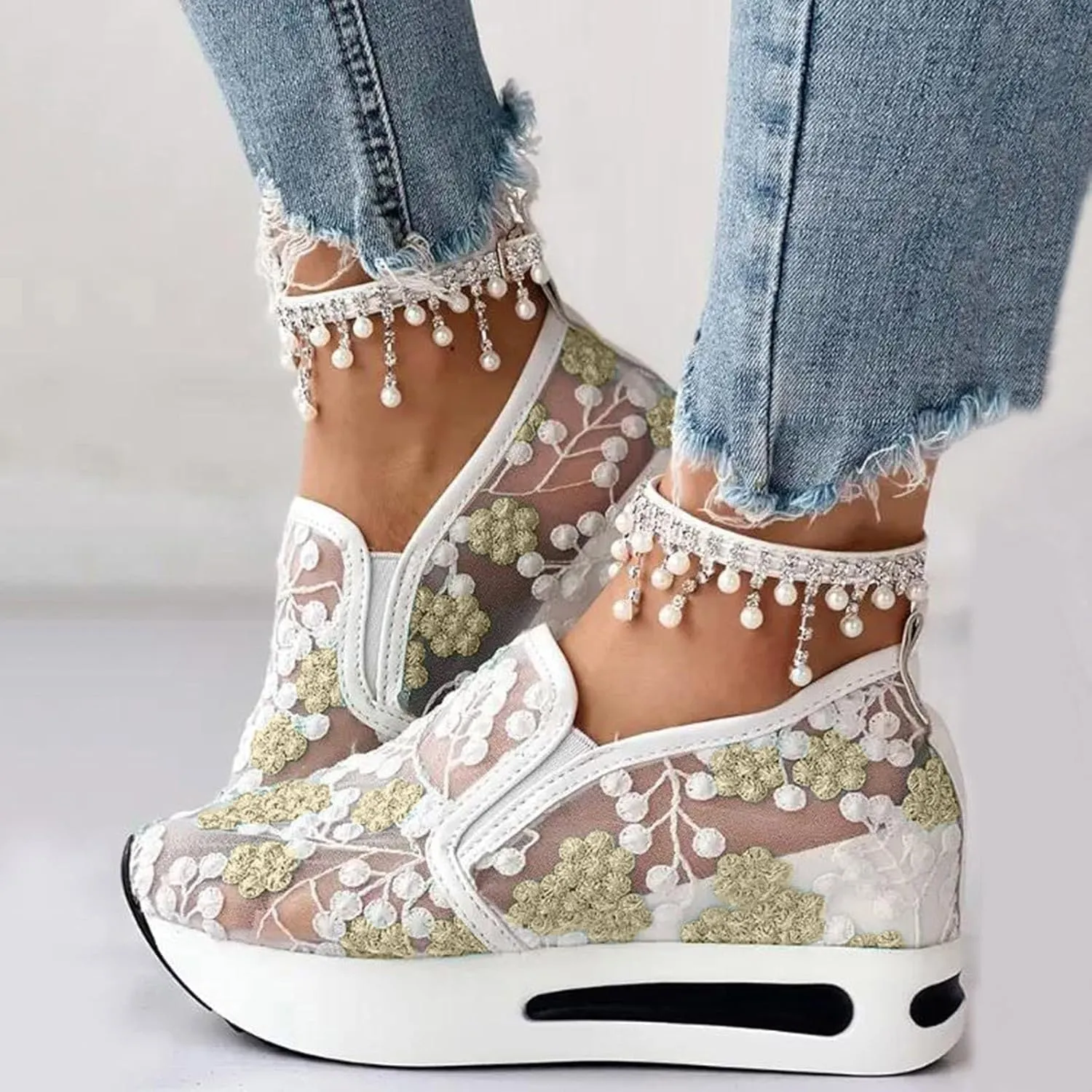 Women's Platform Wedge Sneakers Lightweight Breathable Mesh Floral Hollow Out Walking Shoes Summer Casual Slip on Fashion Sneakers Comfortable Inner Heightening Shoe