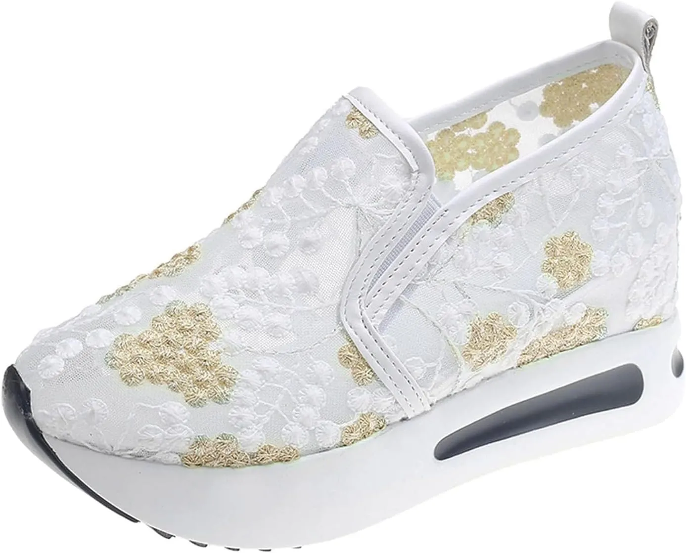 Women's Platform Wedge Sneakers Lightweight Breathable Mesh Floral Hollow Out Walking Shoes Summer Casual Slip on Fashion Sneakers Comfortable Inner Heightening Shoe