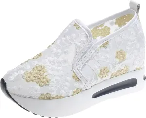 Women's Platform Wedge Sneakers Lightweight Breathable Mesh Floral Hollow Out Walking Shoes Summer Casual Slip on Fashion Sneakers Comfortable Inner Heightening Shoe