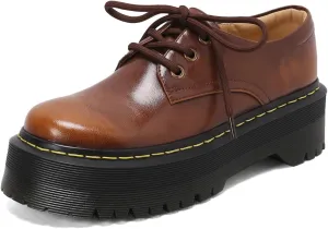 Women's Retro Stitching Penny Loafers Closed Round Toe Mid Chunky Heel Platform Lace Up Comfortable Work Vintage Mary Jane Shoes Business Casual Moccasins Oxford Shoes