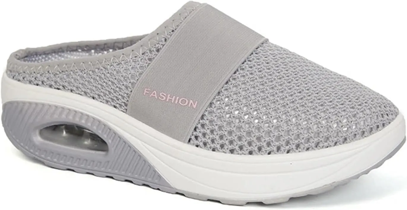 Womens Slip On Walking Shoes Air Cushion Orthopedic Diabetic Go Walk Shoes Breathable Platform Heel Slippers with Arch Support Casual Slippers