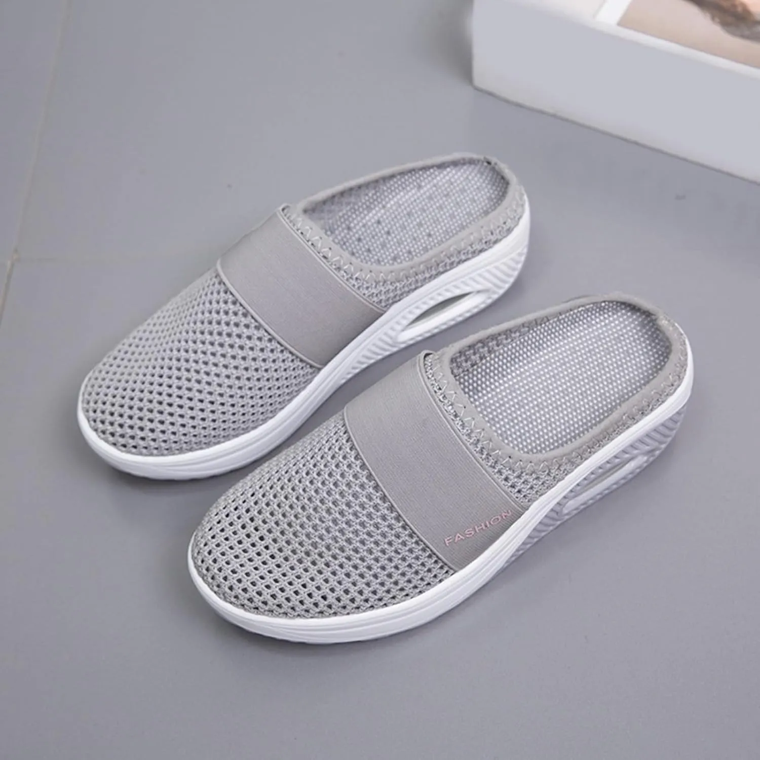 Womens Slip On Walking Shoes Air Cushion Orthopedic Diabetic Go Walk Shoes Breathable Platform Heel Slippers with Arch Support Casual Slippers