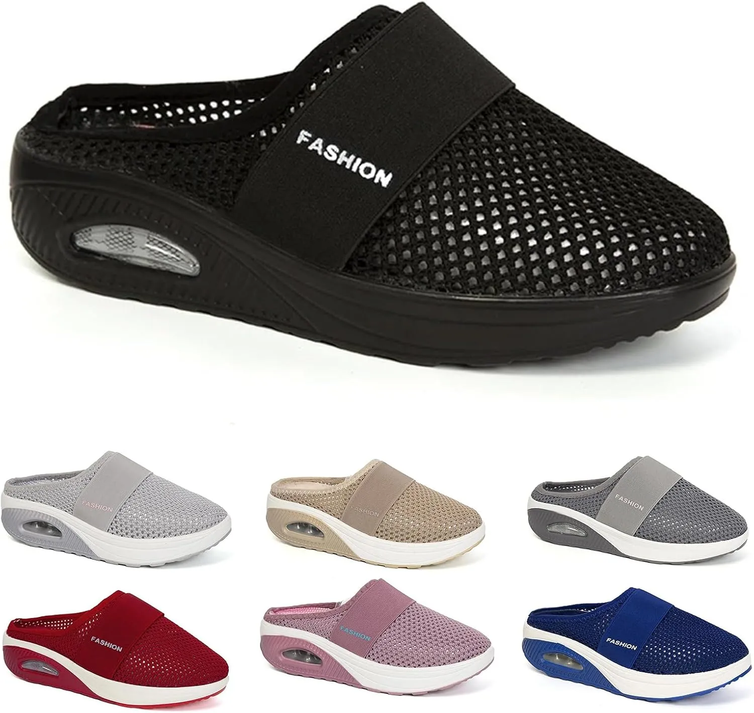 Womens Slip On Walking Shoes Air Cushion Orthopedic Diabetic Go Walk Shoes Breathable Platform Heel Slippers with Arch Support Casual Slippers