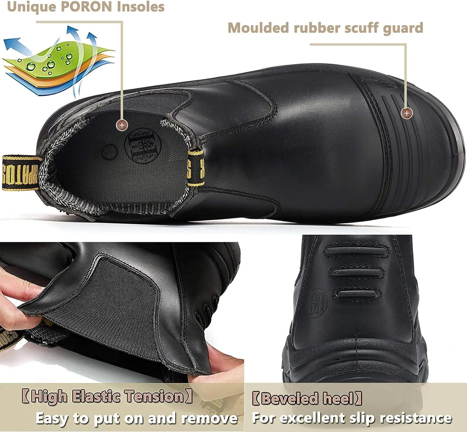 Work Boots for Men, Steel Toe Waterproof Working Boots, Slip Resistant Anti-Static Slip-on Safety Working Shoes 6 8 9 10 11 12 13 (Black)