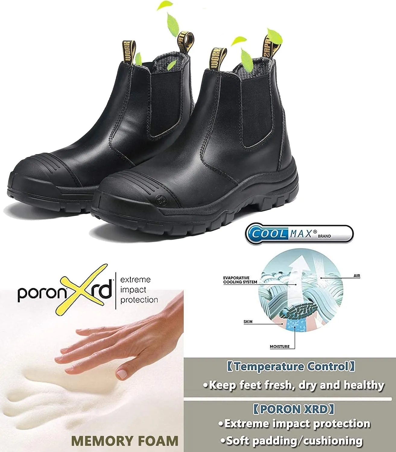 Work Boots for Men, Steel Toe Waterproof Working Boots, Slip Resistant Anti-Static Slip-on Safety Working Shoes 6 8 9 10 11 12 13 (Black)