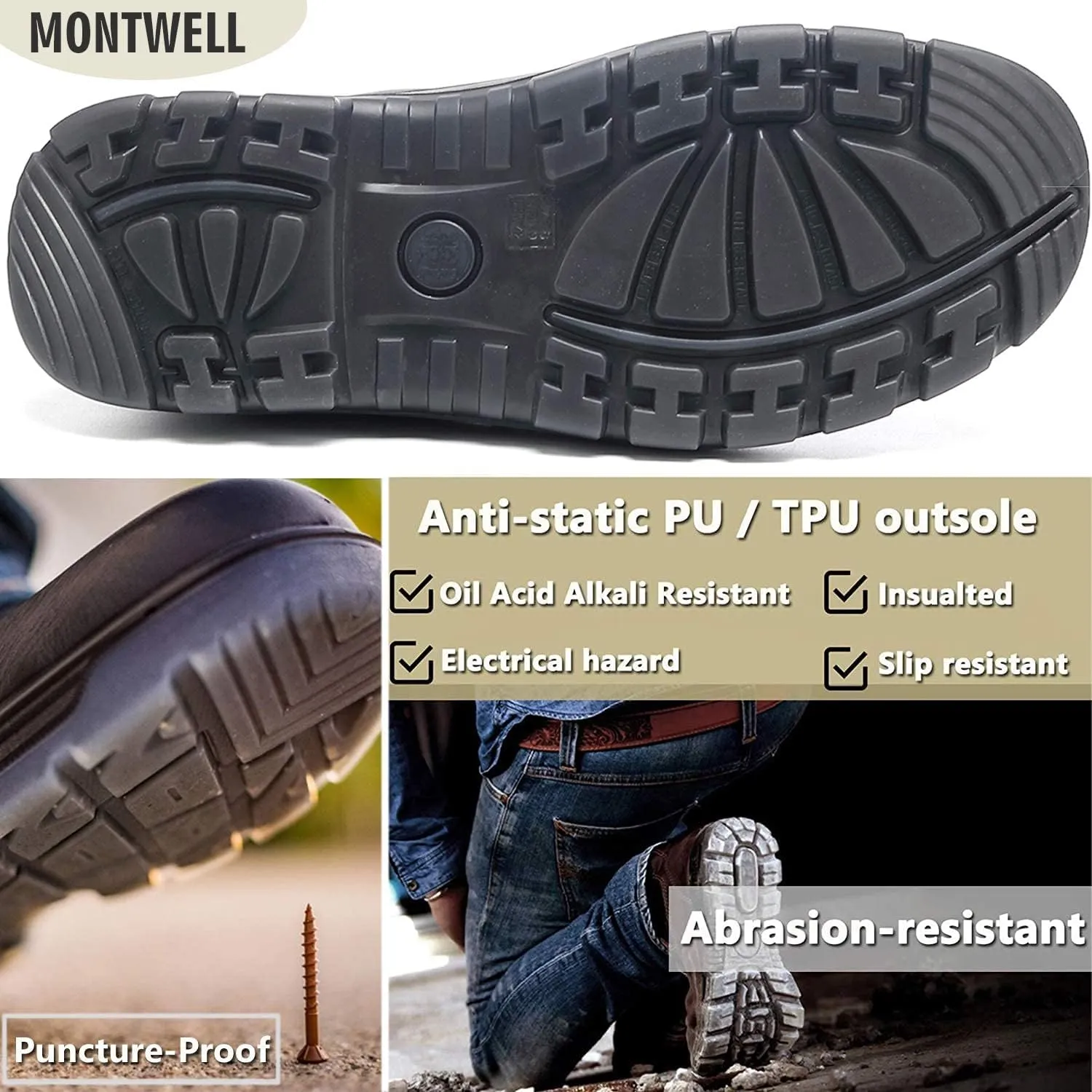 Work Boots for Men, Steel Toe Waterproof Working Boots, Slip Resistant Anti-Static Slip-on Safety Working Shoes 6 8 9 10 11 12 13 (Black)