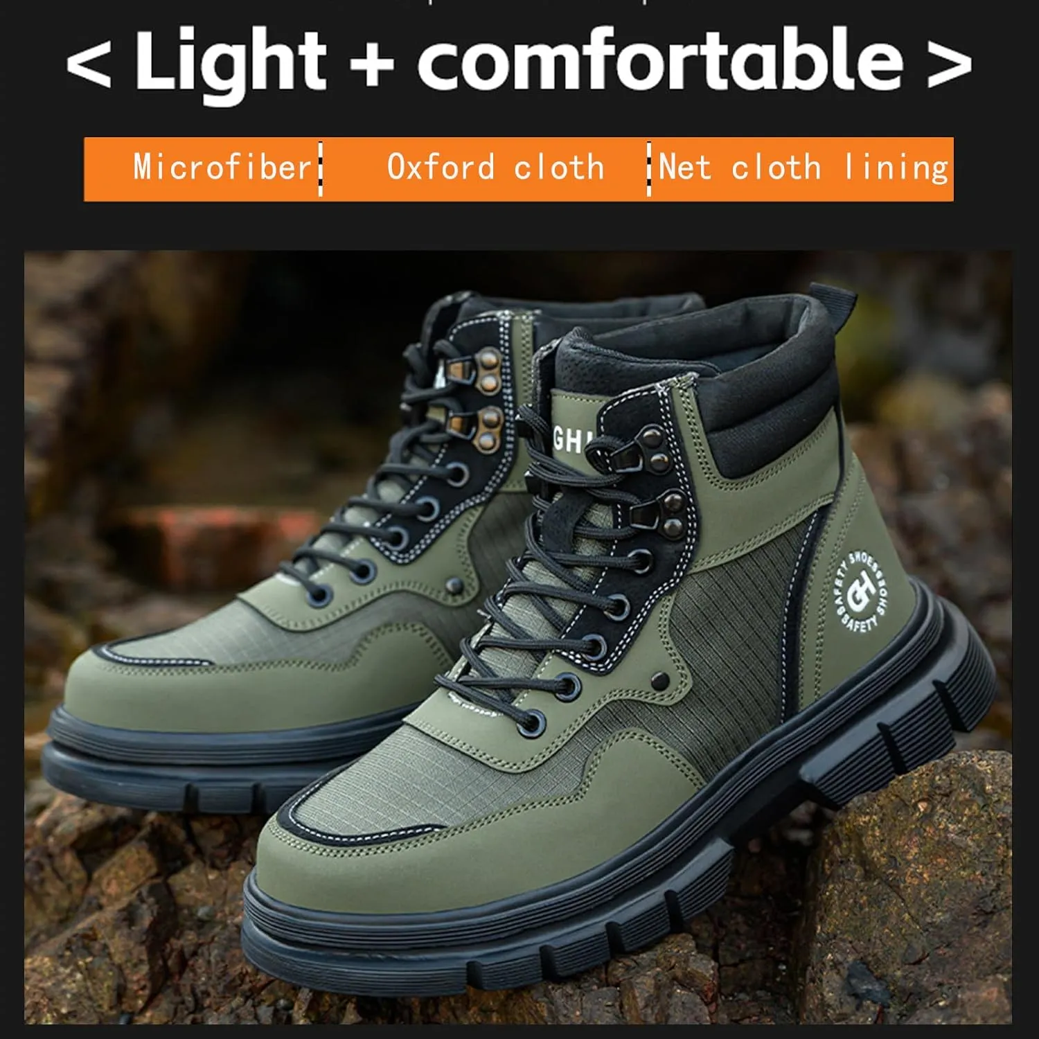 Work Safety Boots for Men Waterproof Lightweight Leather Mid Cut Arch Support Steel Toe Construction Sneakers