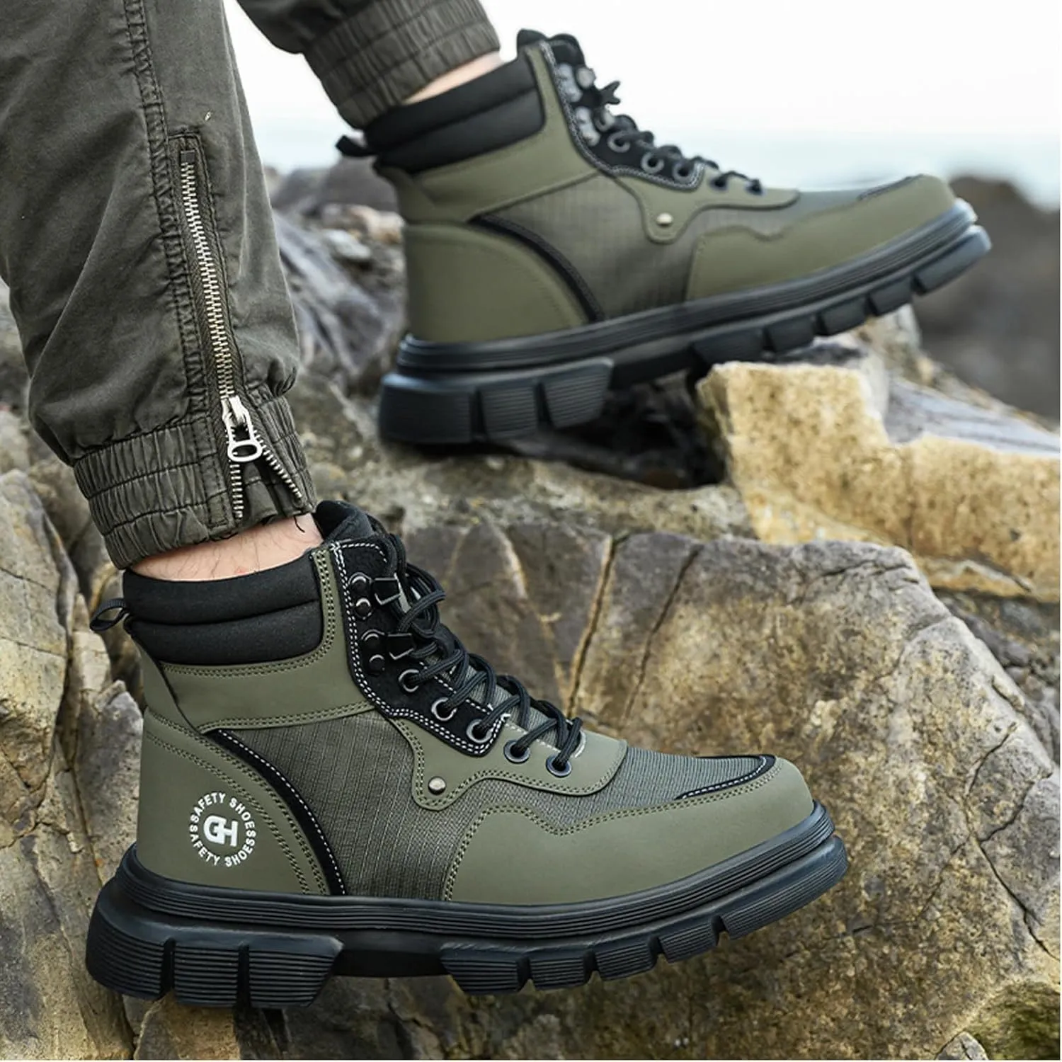 Work Safety Boots for Men Waterproof Lightweight Leather Mid Cut Arch Support Steel Toe Construction Sneakers