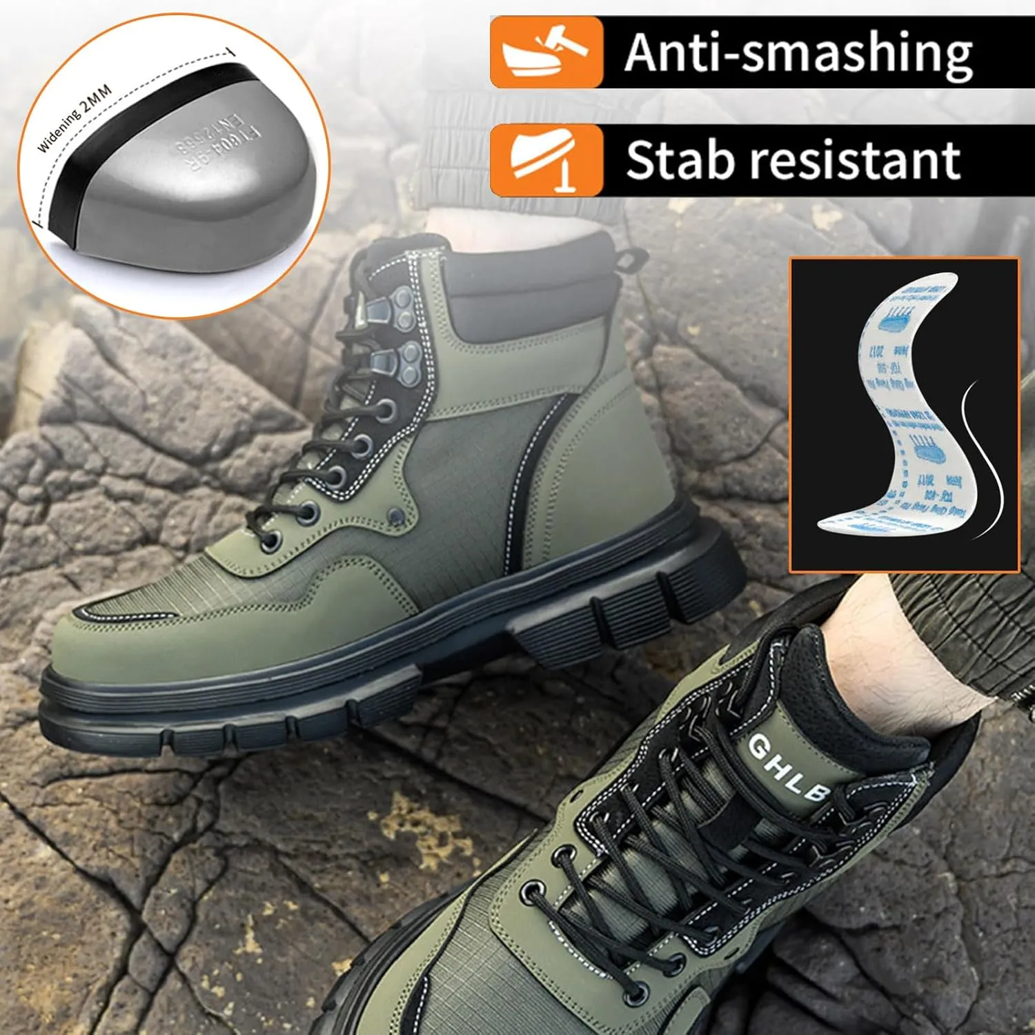 Work Safety Boots for Men Waterproof Lightweight Leather Mid Cut Arch Support Steel Toe Construction Sneakers