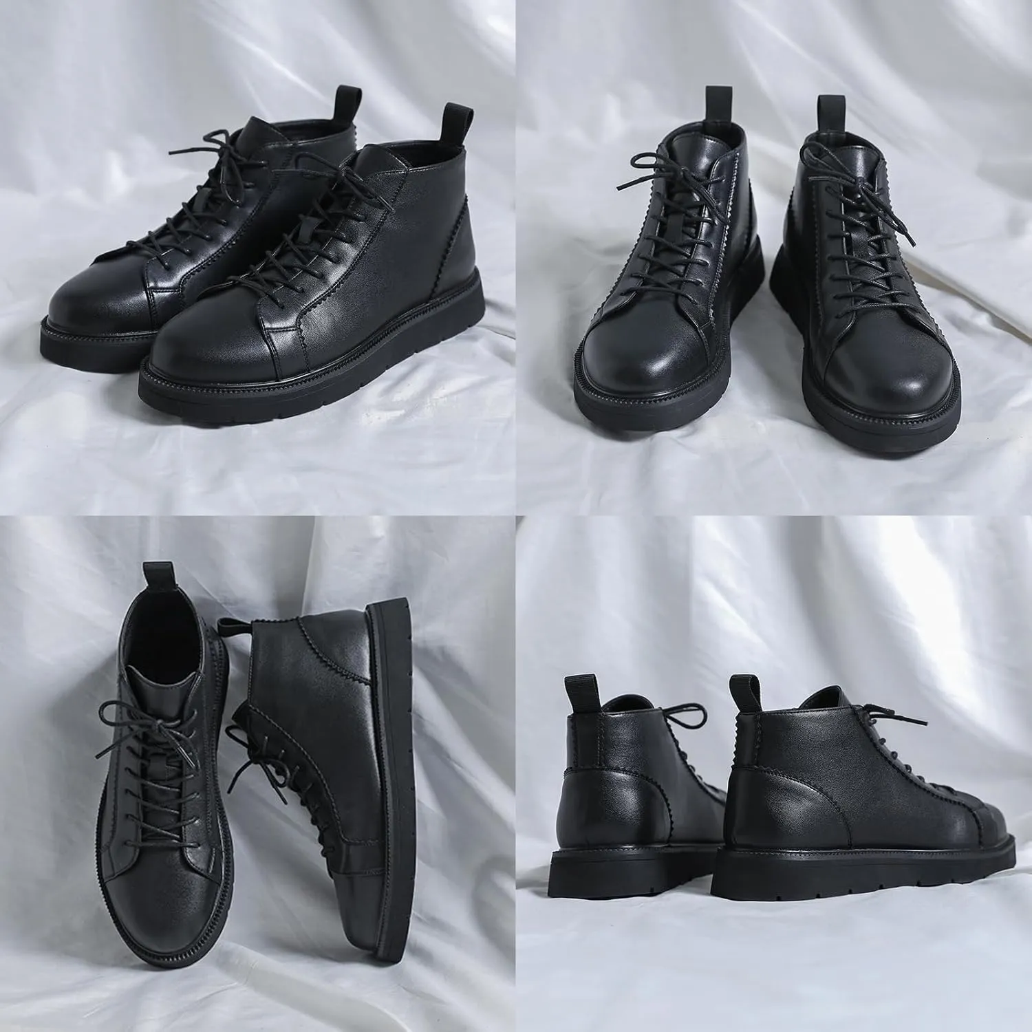 Zeberfi Men's Platform Black Leather Fleece-Lined Chukka Boots Fashion Winter Warm Lace Up Round Toe High Top Casual Sneakers Comfort Waterproof Non-slip Formal Business Work Ankle Boots
