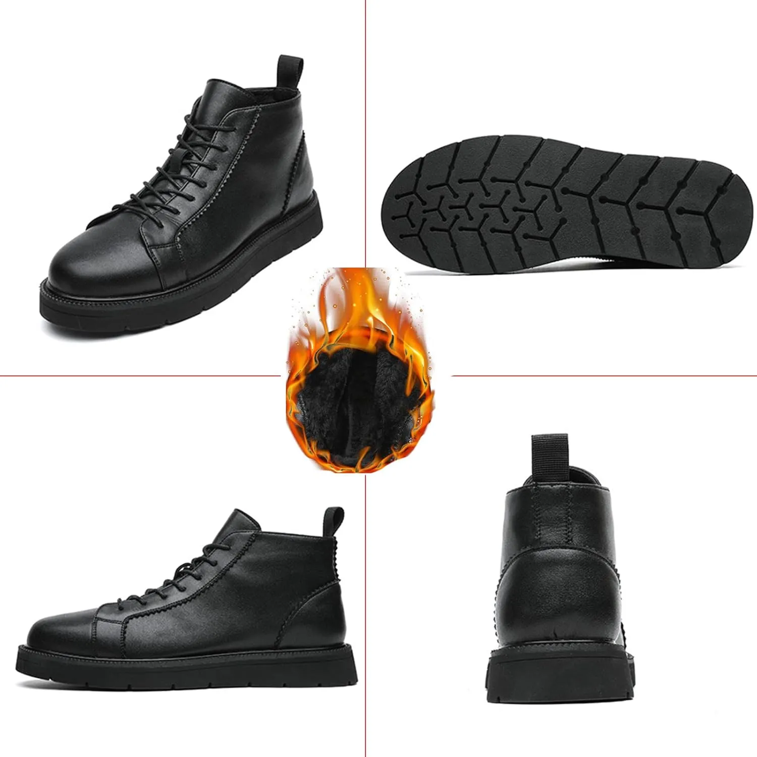 Zeberfi Men's Platform Black Leather Fleece-Lined Chukka Boots Fashion Winter Warm Lace Up Round Toe High Top Casual Sneakers Comfort Waterproof Non-slip Formal Business Work Ankle Boots