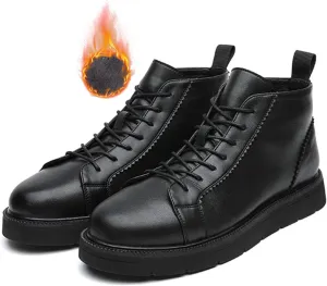 Zeberfi Men's Platform Black Leather Fleece-Lined Chukka Boots Fashion Winter Warm Lace Up Round Toe High Top Casual Sneakers Comfort Waterproof Non-slip Formal Business Work Ankle Boots