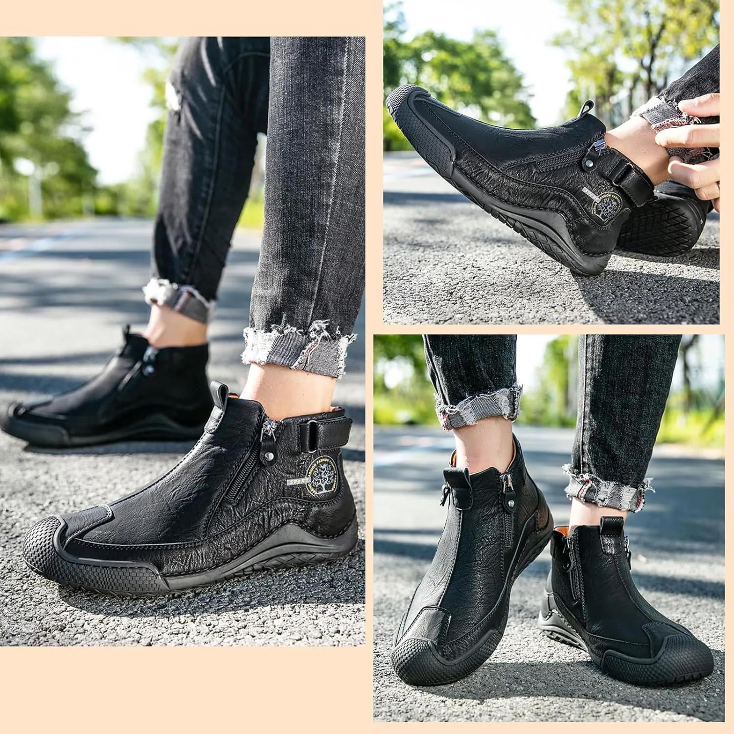 Zeberfi Men's Waterproof Suede Chukka Ankle Boots for Hiking Camping & Driving All Season Fashion Retro Side Zip Hand Stitched High Top Chukka Outdoor Walking Sneakers