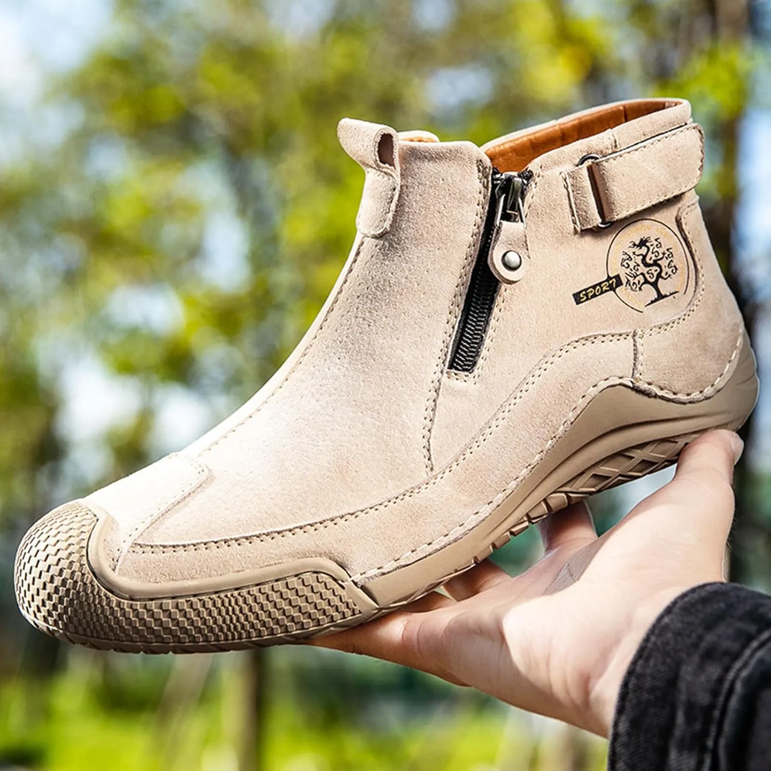 Zeberfi Men's Waterproof Suede Chukka Ankle Boots for Hiking Camping & Driving All Season Fashion Retro Side Zip Hand Stitched High Top Chukka Outdoor Walking Sneakers