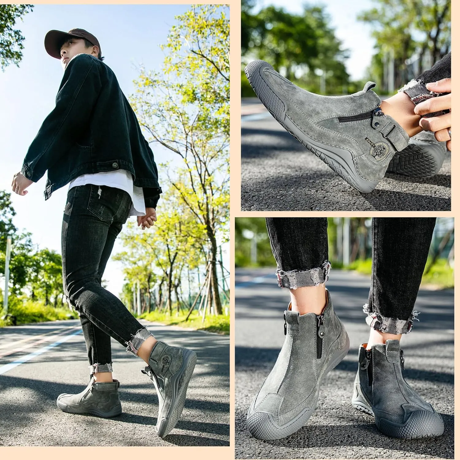 Zeberfi Men's Waterproof Suede Chukka Ankle Boots for Hiking Camping & Driving All Season Fashion Retro Side Zip Hand Stitched High Top Chukka Outdoor Walking Sneakers