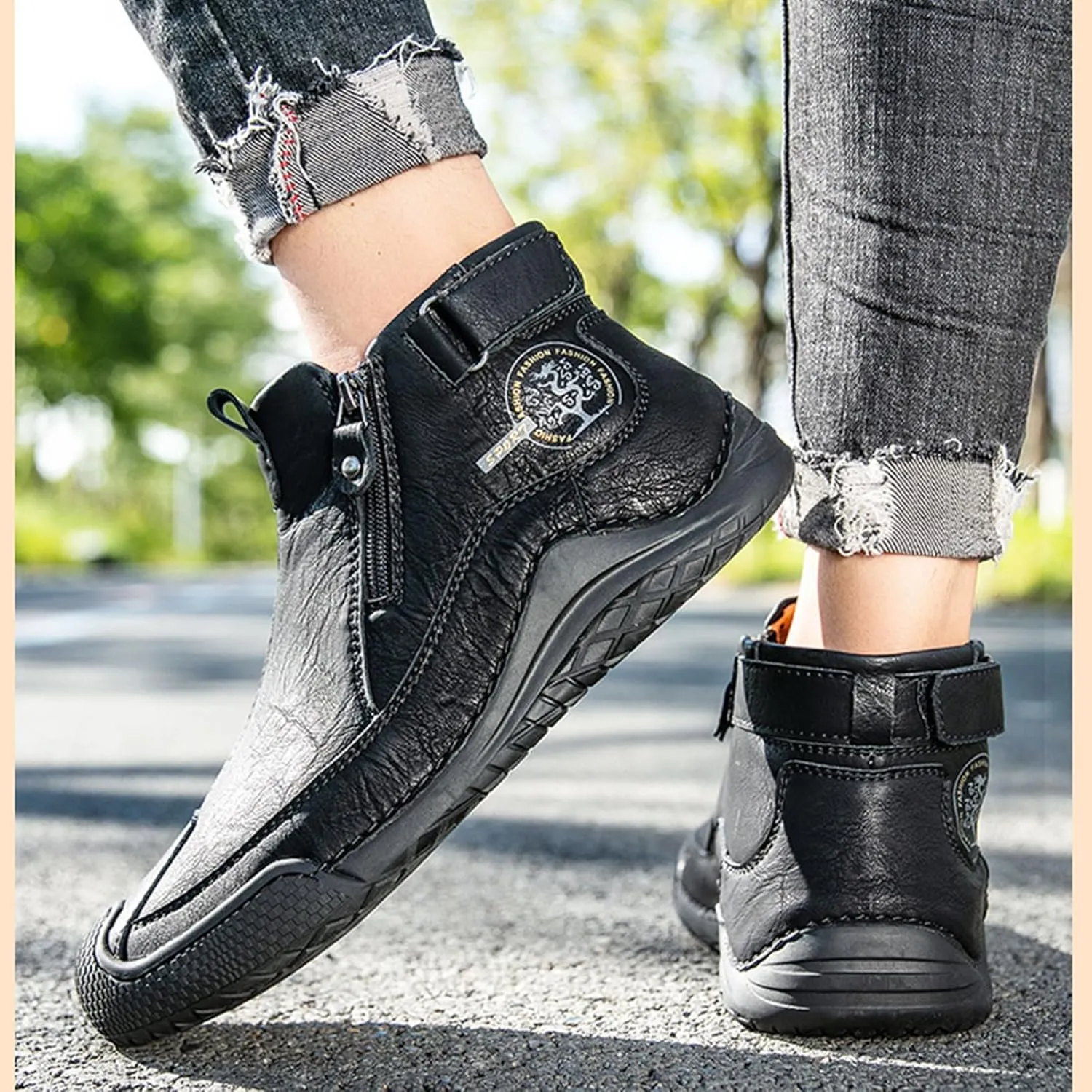Zeberfi Men's Waterproof Suede Chukka Ankle Boots for Hiking Camping & Driving All Season Fashion Retro Side Zip Hand Stitched High Top Chukka Outdoor Walking Sneakers