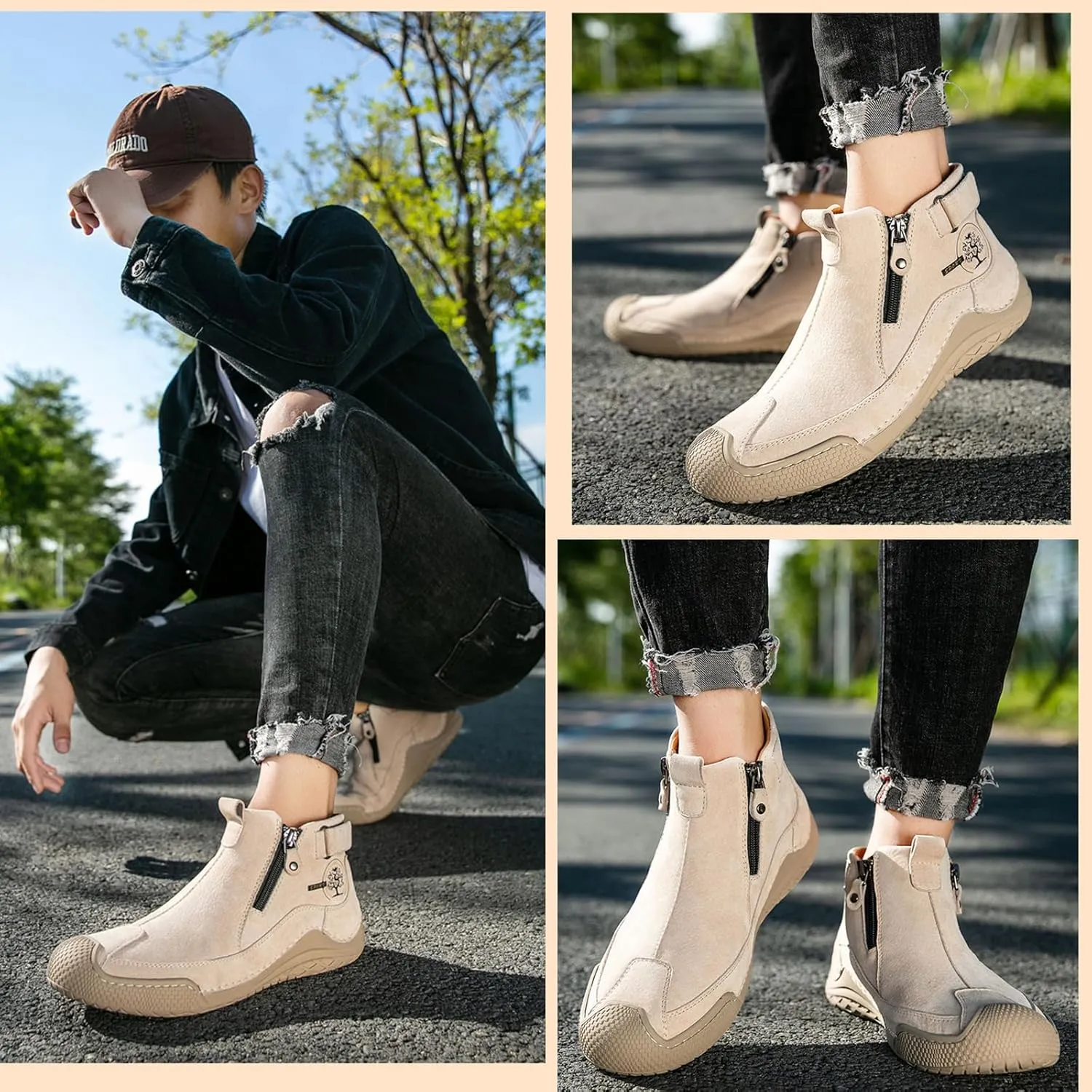 Zeberfi Men's Waterproof Suede Chukka Ankle Boots for Hiking Camping & Driving All Season Fashion Retro Side Zip Hand Stitched High Top Chukka Outdoor Walking Sneakers
