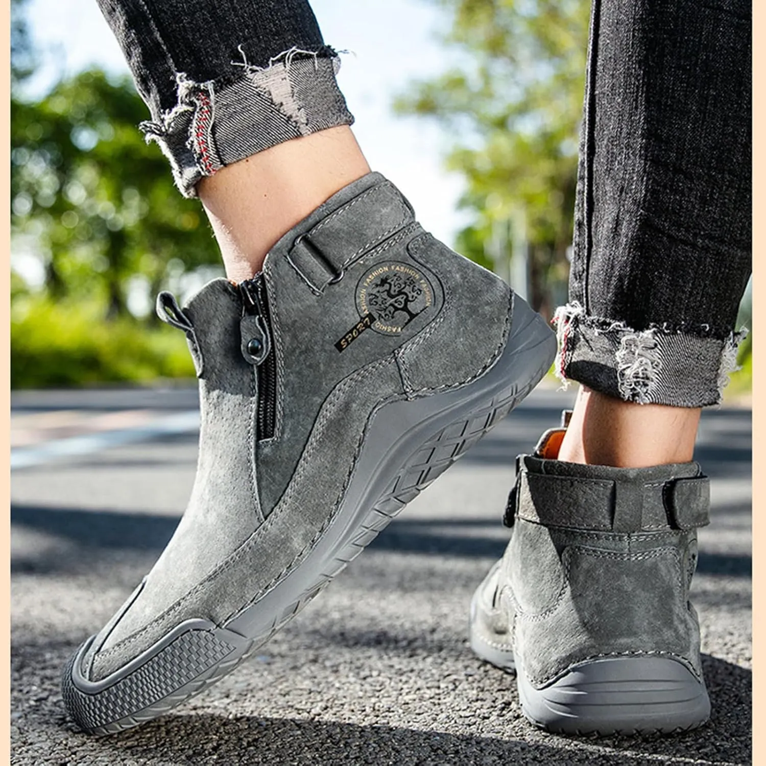 Zeberfi Men's Waterproof Suede Chukka Ankle Boots for Hiking Camping & Driving All Season Fashion Retro Side Zip Hand Stitched High Top Chukka Outdoor Walking Sneakers
